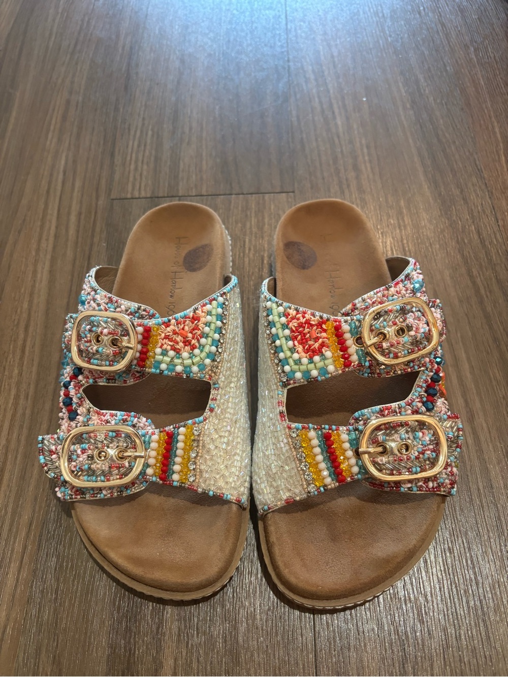 House of Harlow 1960 Multicolor Beaded Double-Buckle Slide Sandals
